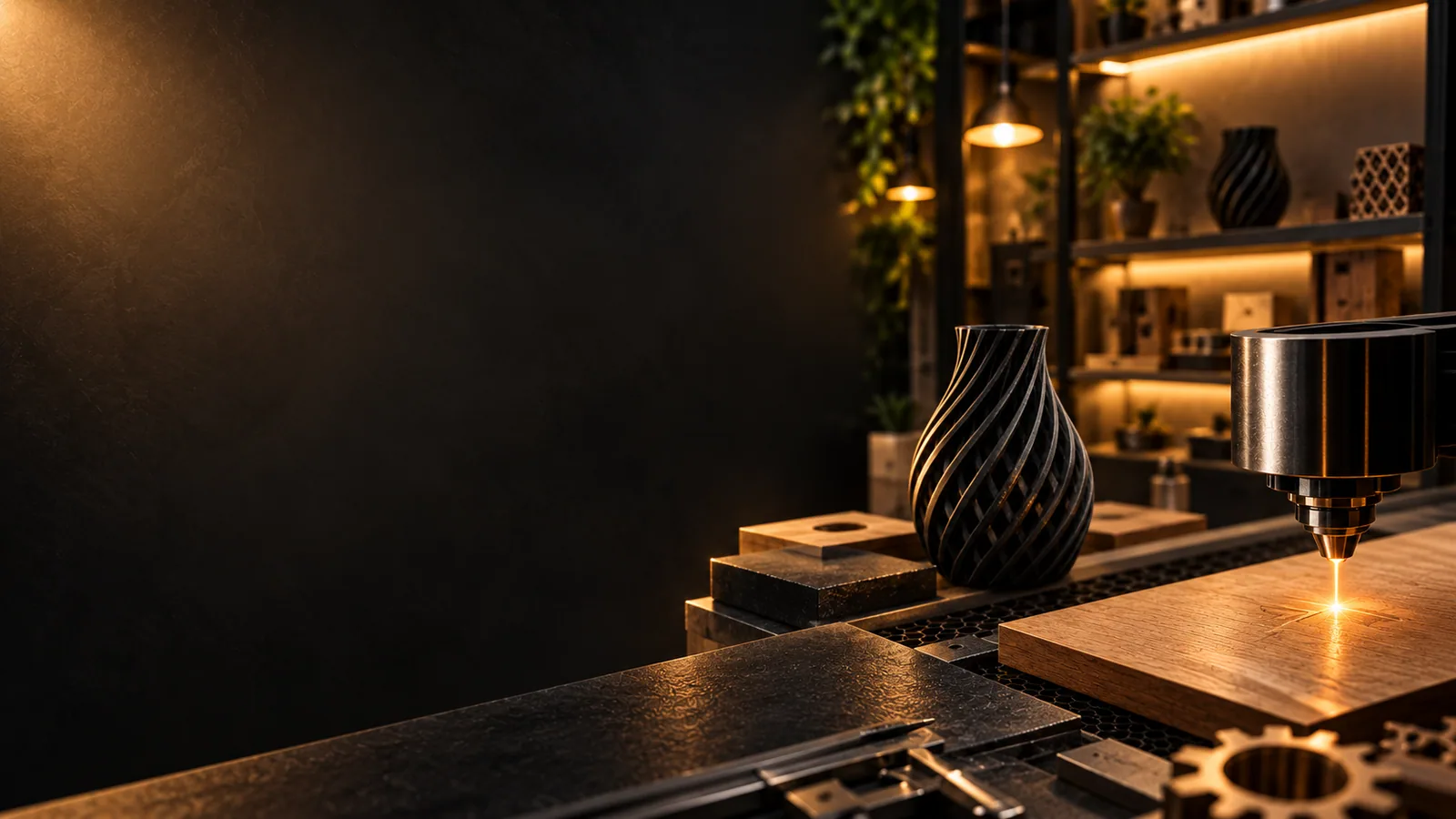 Bancada da Thalento com um vaso impresso em 3D e uma gravação a laser em madeira